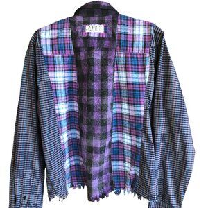Mixed Print Button-Down Shirt, Upcycled Artsy Color Block Purple Black Top S - M